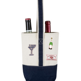 Navy Blue Double Wine Bottle Tote Bag with Drink Themed Patches