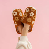 Brown & Beige Floral Fuzzy Slippers